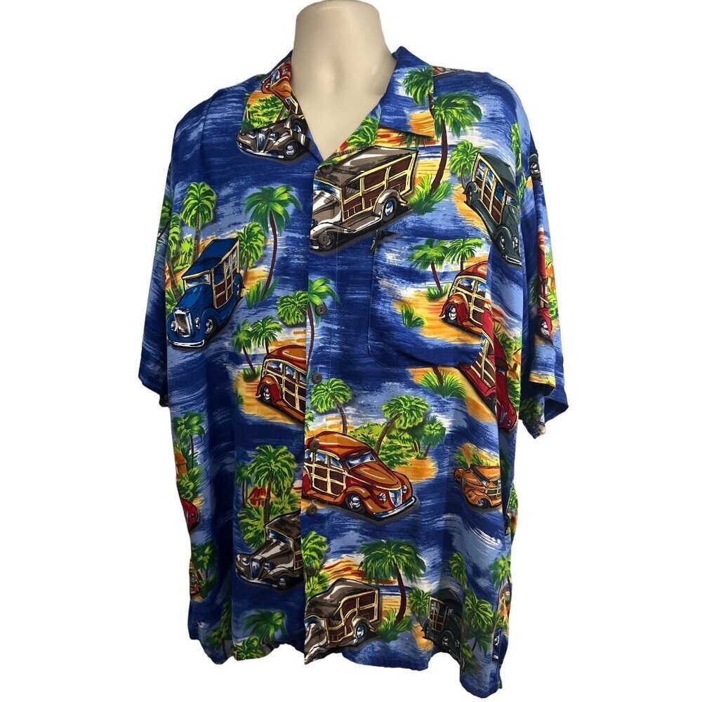 Blue Vintage All Over Print Hawaiian Floral Button Shirt 2XL Pocket Classic Cars